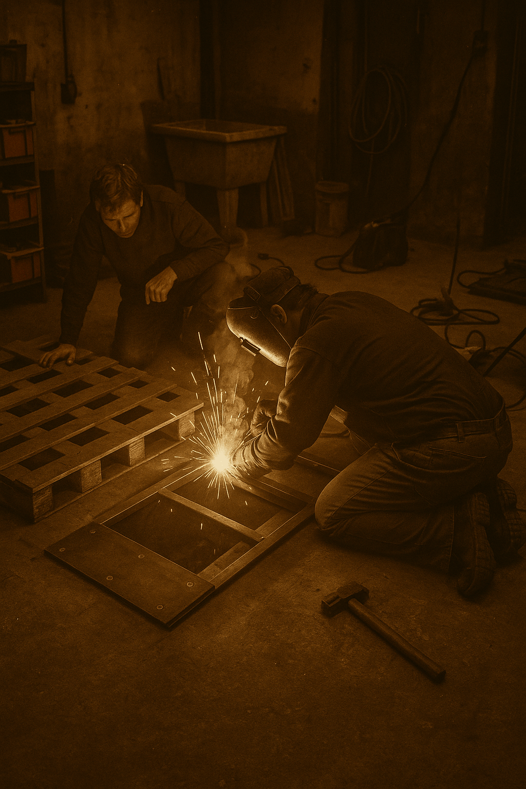 Primera etapa de FAREM: fundadores trabajando con soldadora en taller original.